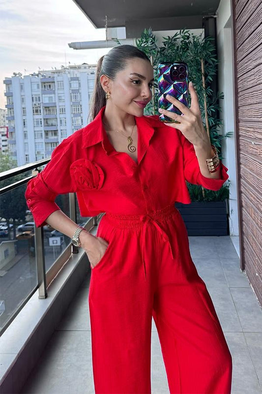 Lauran Gül Broş Detaylı İkili Takım - Kırmızı