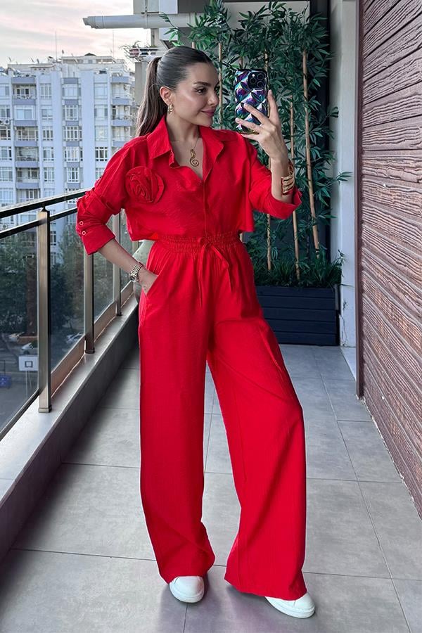 Lauran Gül Broş Detaylı İkili Takım - Kırmızı