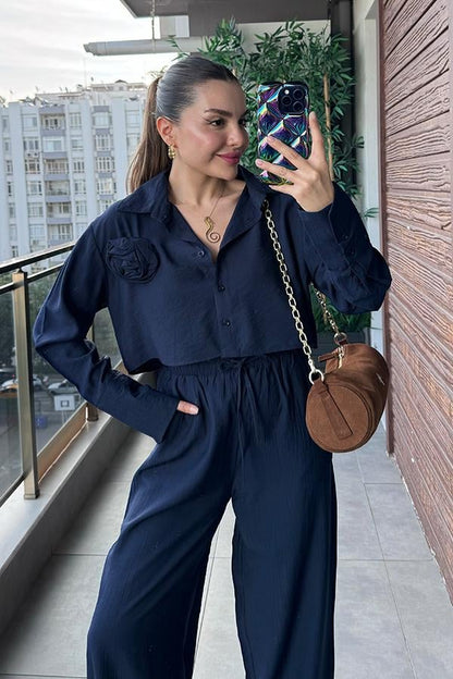 Lauran Gül Broş Detaylı İkili Takım - Lacivert