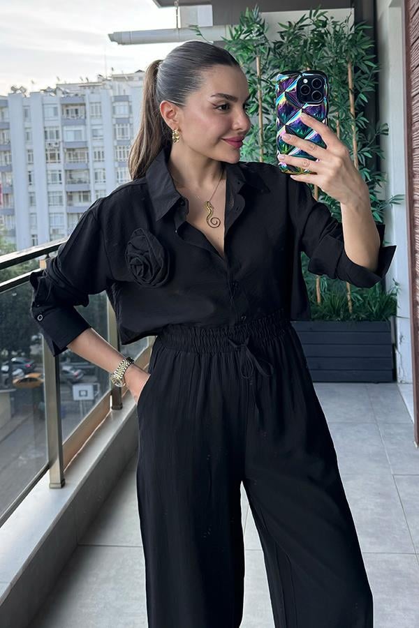 Lauran Gül Broş Detaylı İkili Takım - Siyah