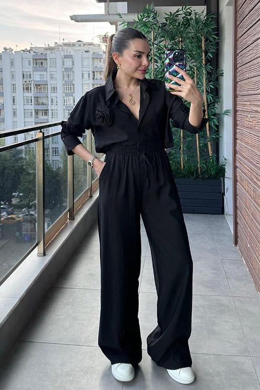 Lauran Gül Broş Detaylı İkili Takım - Siyah