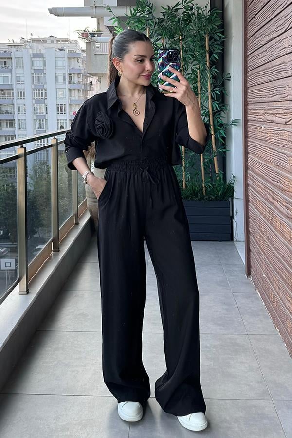 Lauran Gül Broş Detaylı İkili Takım - Siyah