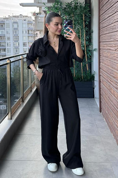 Lauran Gül Broş Detaylı İkili Takım - Siyah