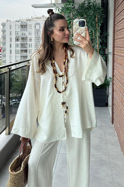 Lavin Keten Boncuklu Takım - Beyaz