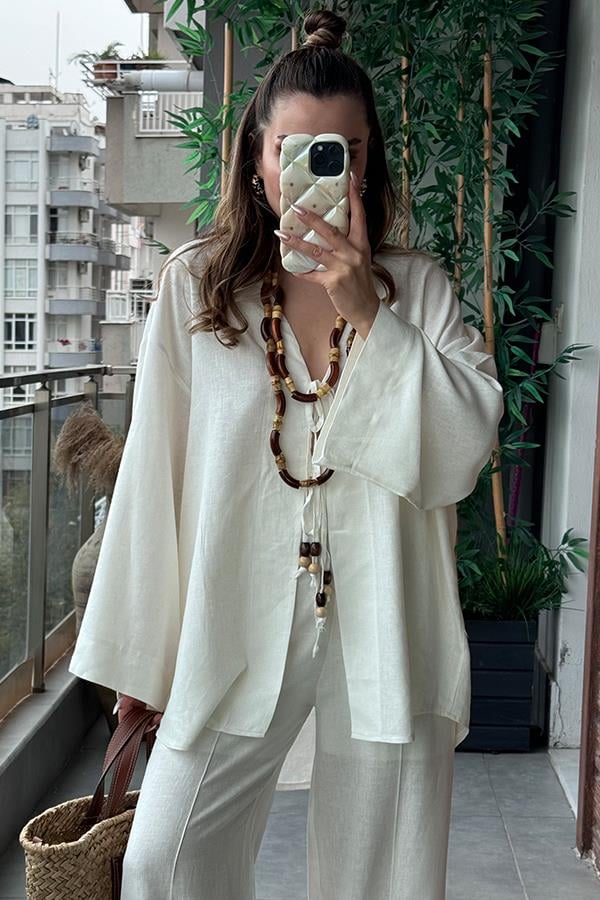 Lavin Keten Boncuklu Takım - Beyaz