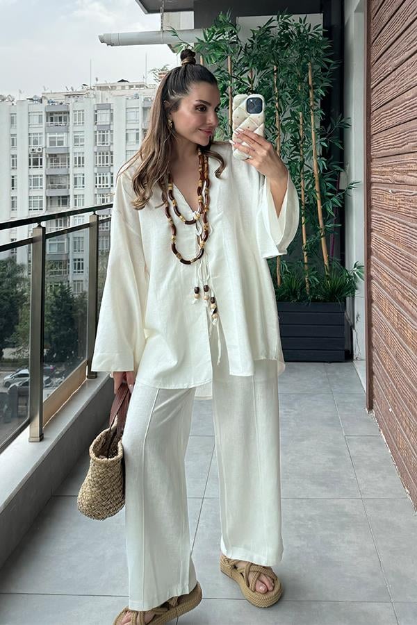 Lavin Keten Boncuklu Takım - Beyaz