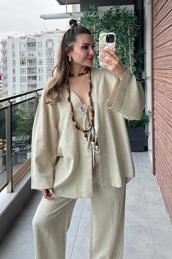 Lavin Keten Boncuklu Takım - Krem