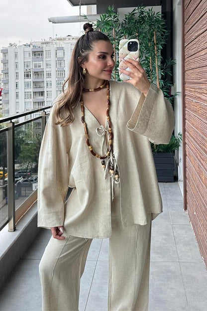 Lavin Keten Boncuklu Takım - Krem