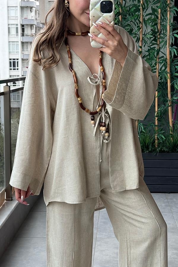 Lavin Keten Boncuklu Takım - Krem