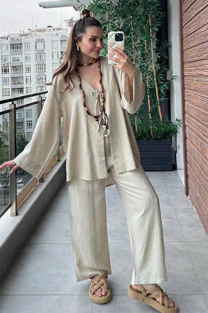 Lavin Keten Boncuklu Takım - Krem