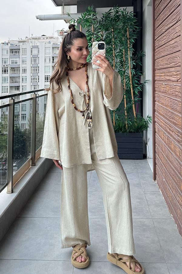 Lavin Keten Boncuklu Takım - Krem