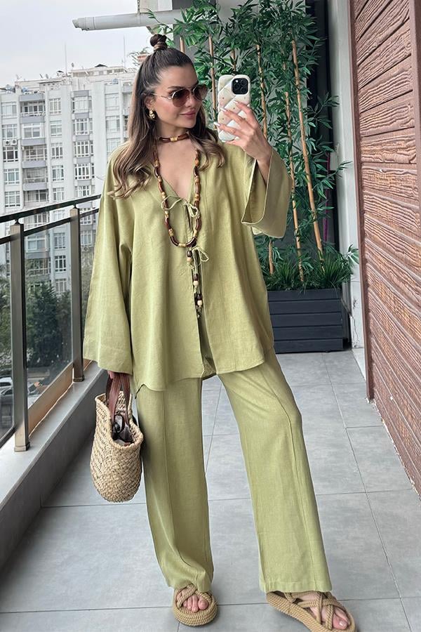 Lavin Keten Boncuklu Takım - Yağ Yeşil