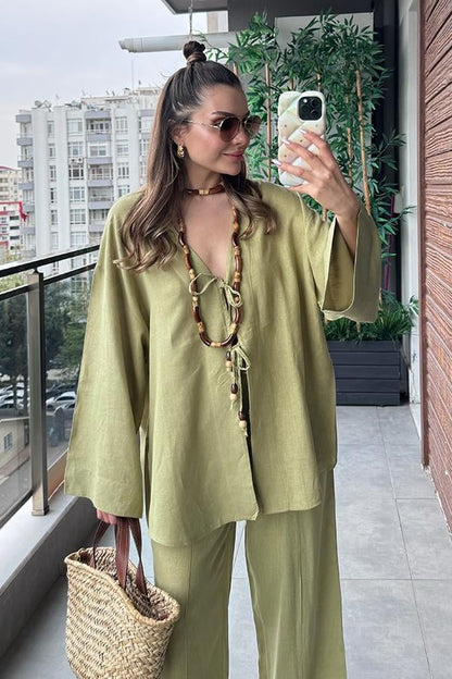 Lavin Keten Boncuklu Takım - Yağ Yeşil