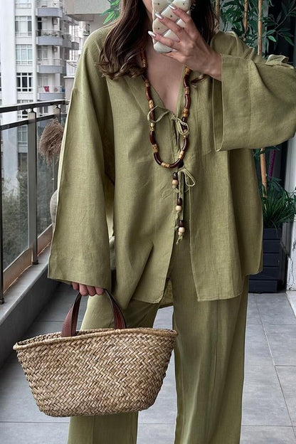 Lavin Keten Boncuklu Takım - Yağ Yeşil