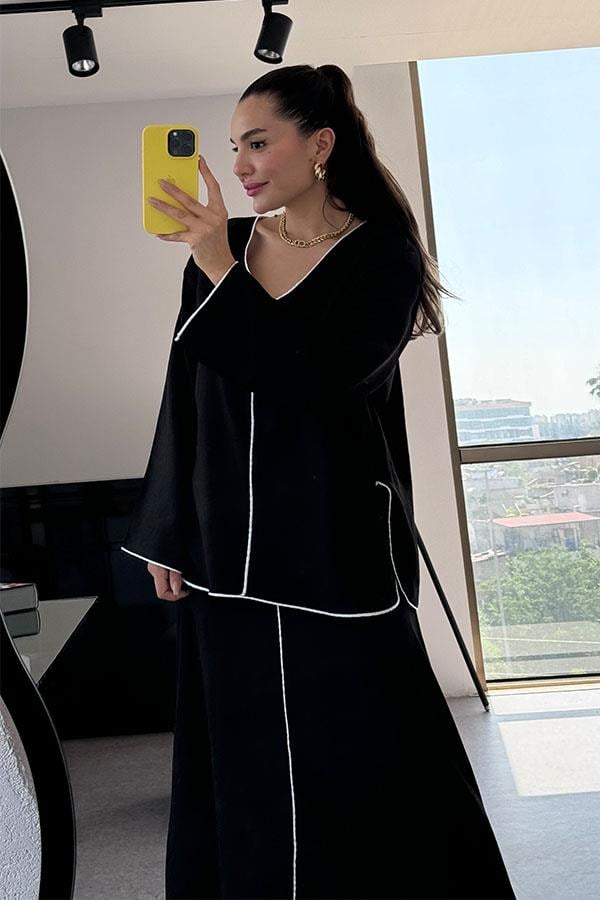 Lavinia Beyaz Şerit Detaylı Etekli Takım-Siyah