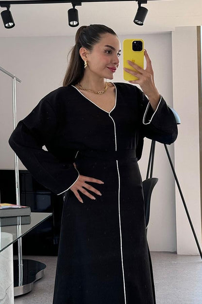 Lavinia Beyaz Şerit Detaylı Etekli Takım-Siyah