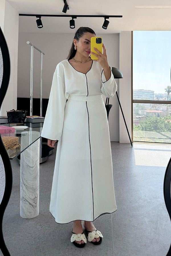 Lavinia Siyah Şerit Detaylı Etekli Takım-Beyaz