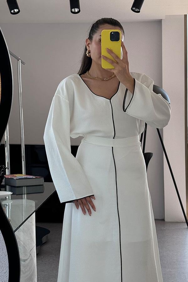 Lavinia Siyah Şerit Detaylı Etekli Takım-Beyaz