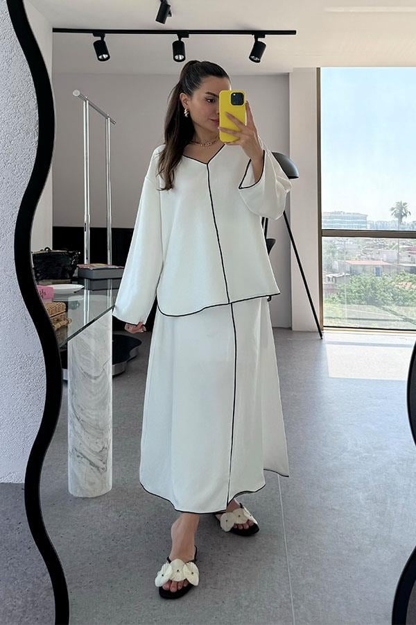 Lavinia Siyah Şerit Detaylı Etekli Takım-Beyaz