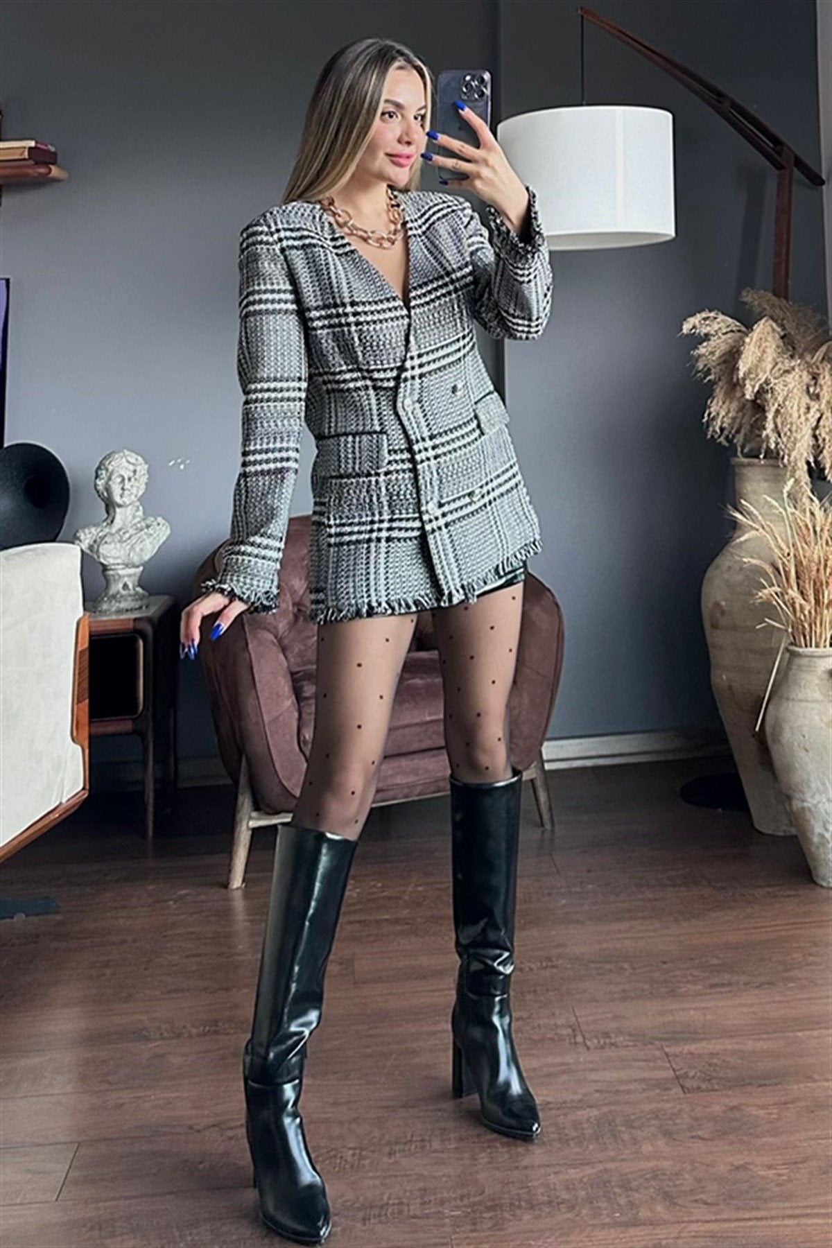 Lavish gri ekose blazer ceket