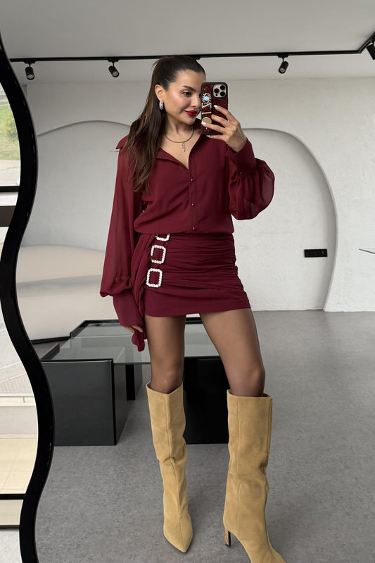 Lazio Aksesuarlı Bordo Elbise