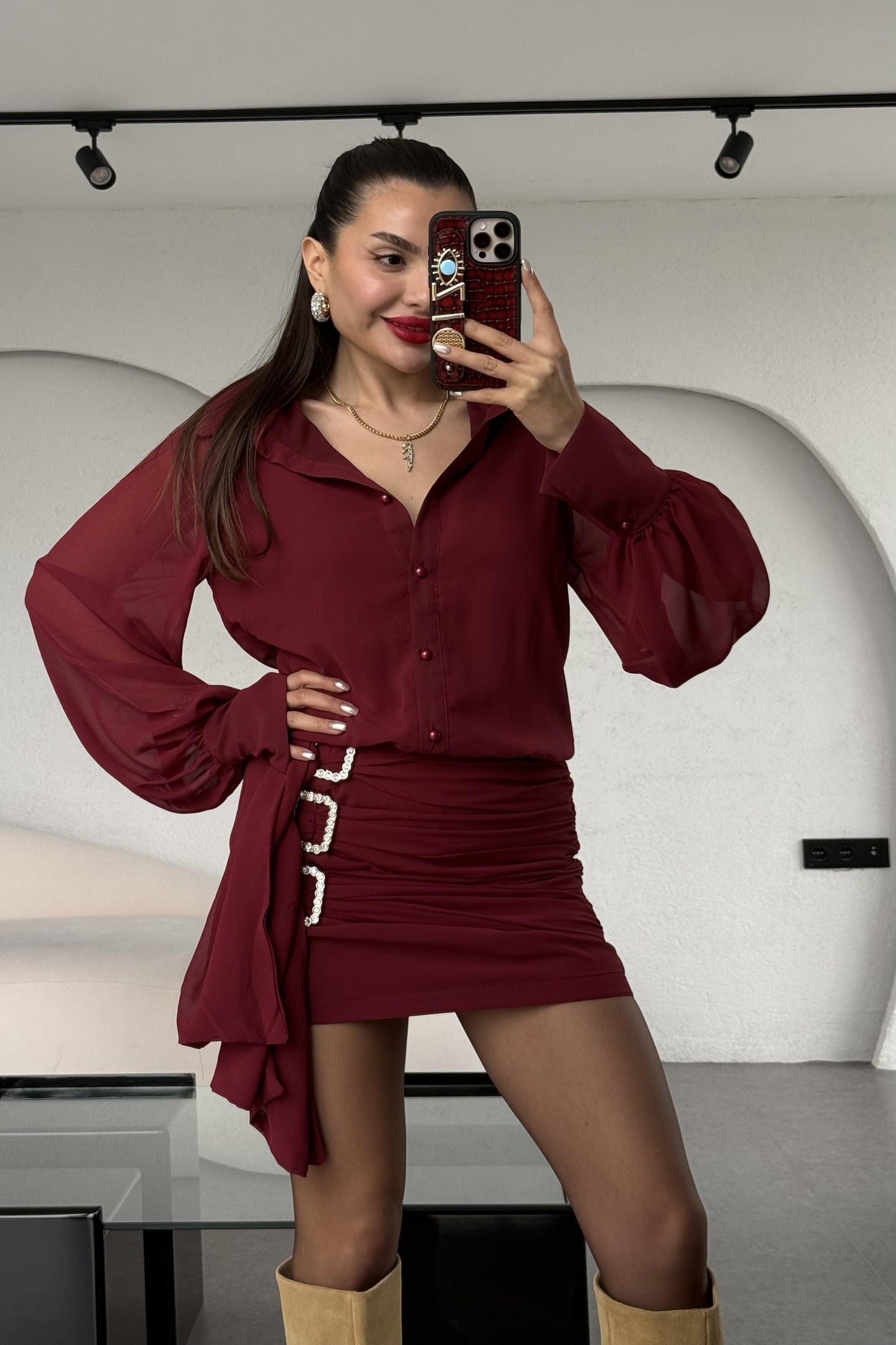 Lazio Aksesuarlı Bordo Elbise