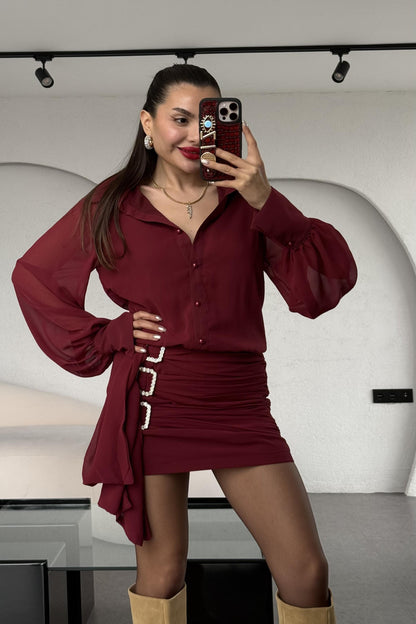 Lazio Aksesuarlı Bordo Elbise
