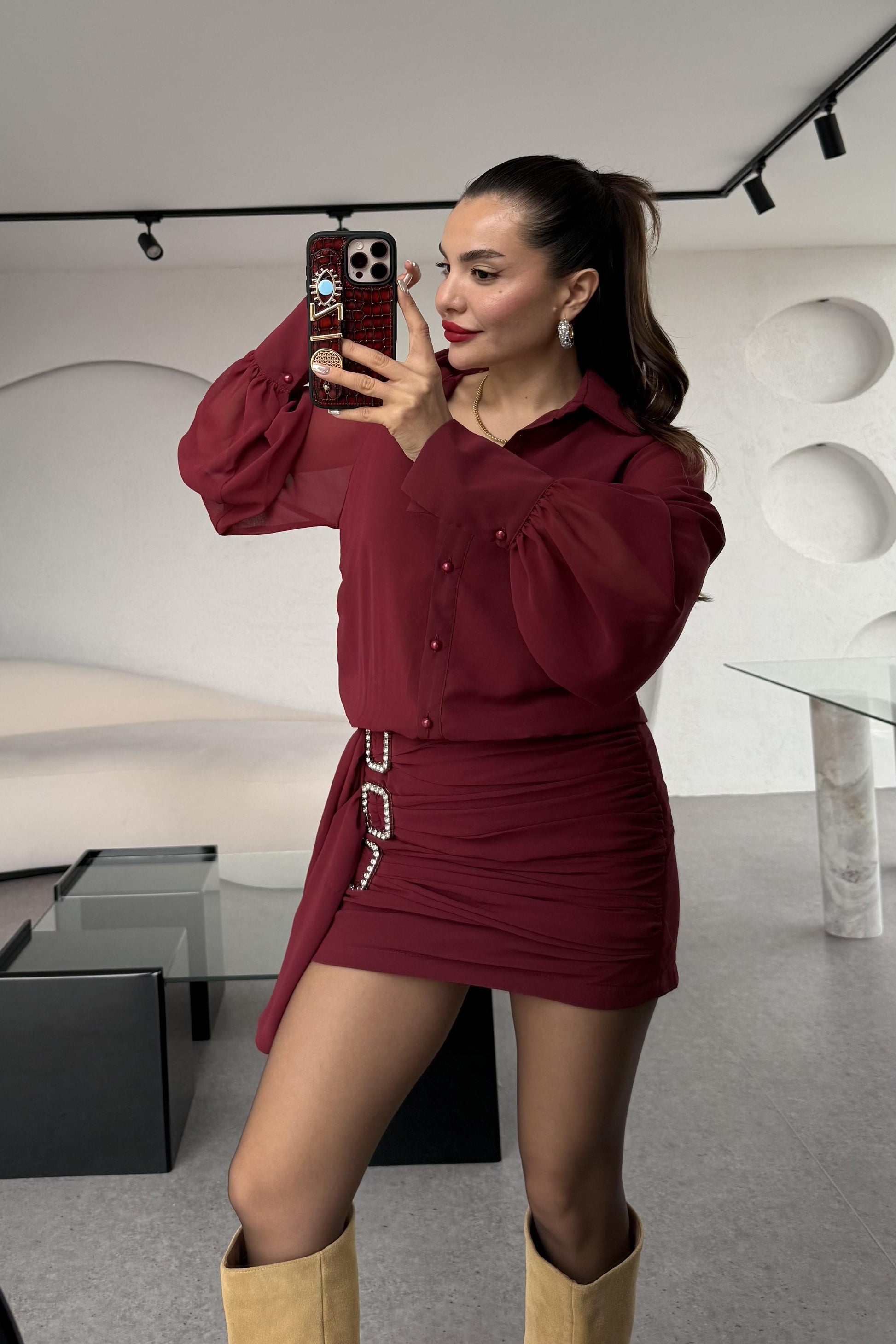 Lazio Aksesuarlı Bordo Elbise