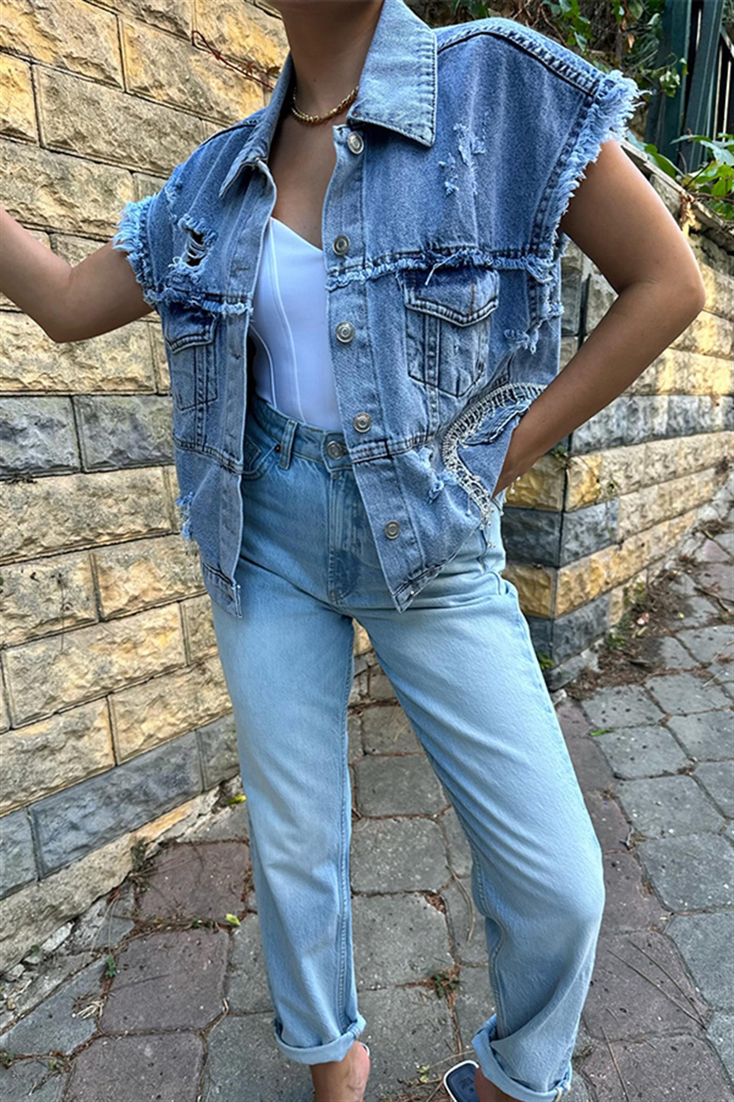 Leia taşlı kot yelek