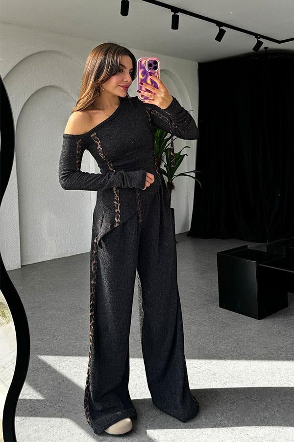 Lei's Leopar Şeritli Antrasit Takım