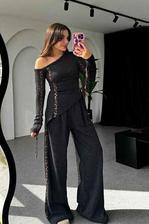 Lei's Leopar Şeritli Antrasit Takım