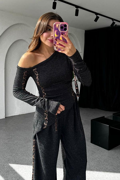 Lei's Leopar Şeritli Antrasit Takım