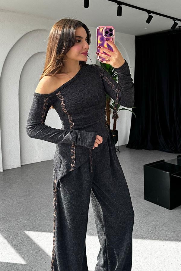 Lei's Leopar Şeritli Antrasit Takım