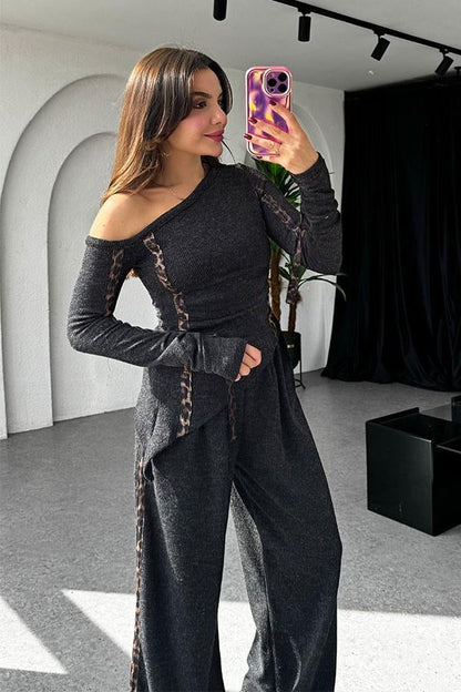 Lei's Leopar Şeritli Antrasit Takım