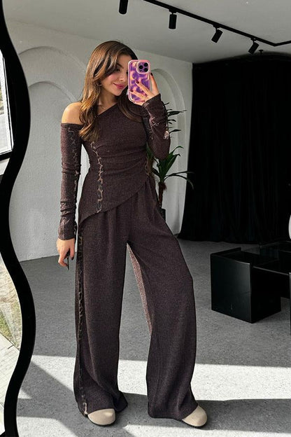 Lei's Leopar Şeritli Kahve Takım