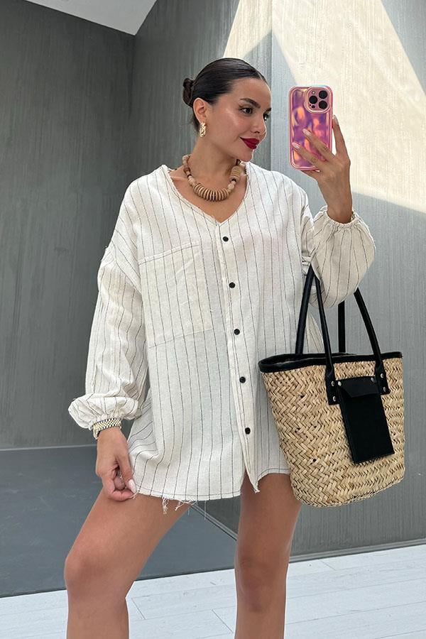 Lelandy Çizgili Tasarım Gömlek Elbise