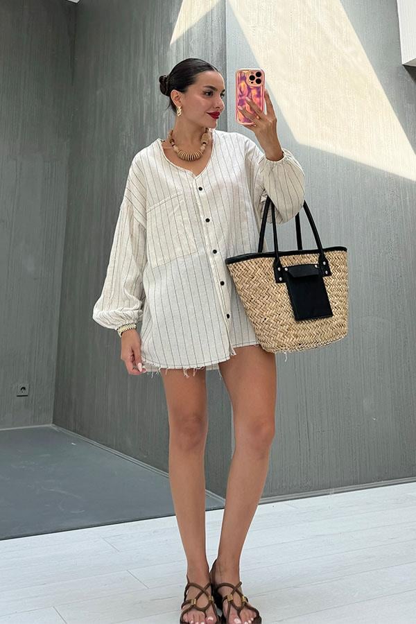 Lelandy Çizgili Tasarım Gömlek Elbise