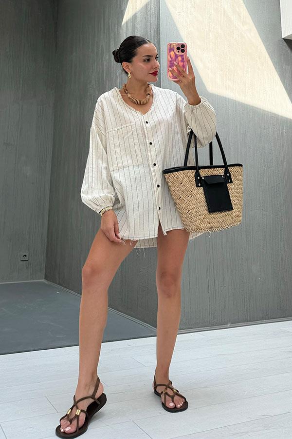 Lelandy Çizgili Tasarım Gömlek Elbise