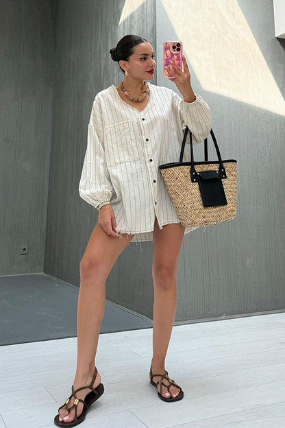 Lelandy Çizgili Tasarım Gömlek Elbise