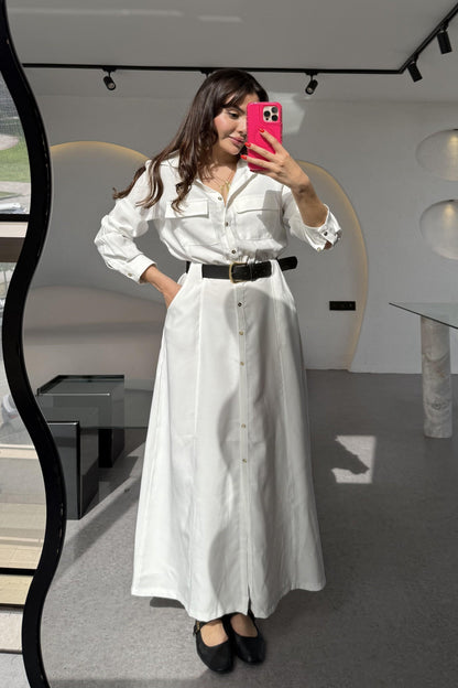 Lemmer Beyaz Tensel Kemerli Elbise