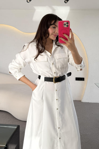 Lemmer Beyaz Tensel Kemerli Elbise