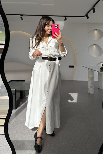 Lemmer Beyaz Tensel Kemerli Elbise