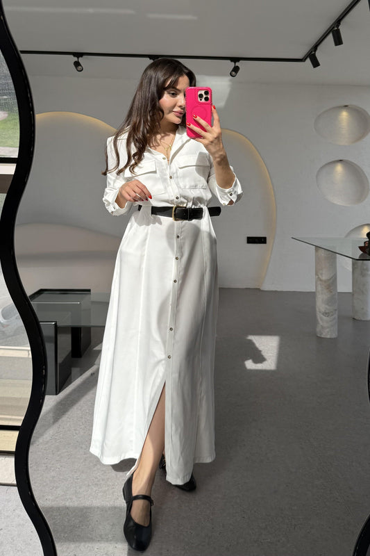 Lemmer Beyaz Tensel Kemerli Elbise