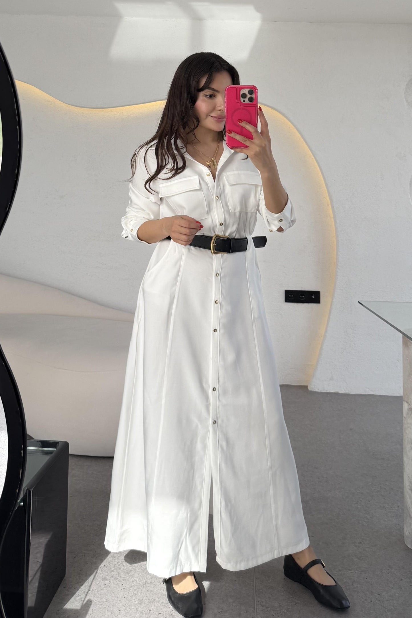 Lemmer Beyaz Tensel Kemerli Elbise