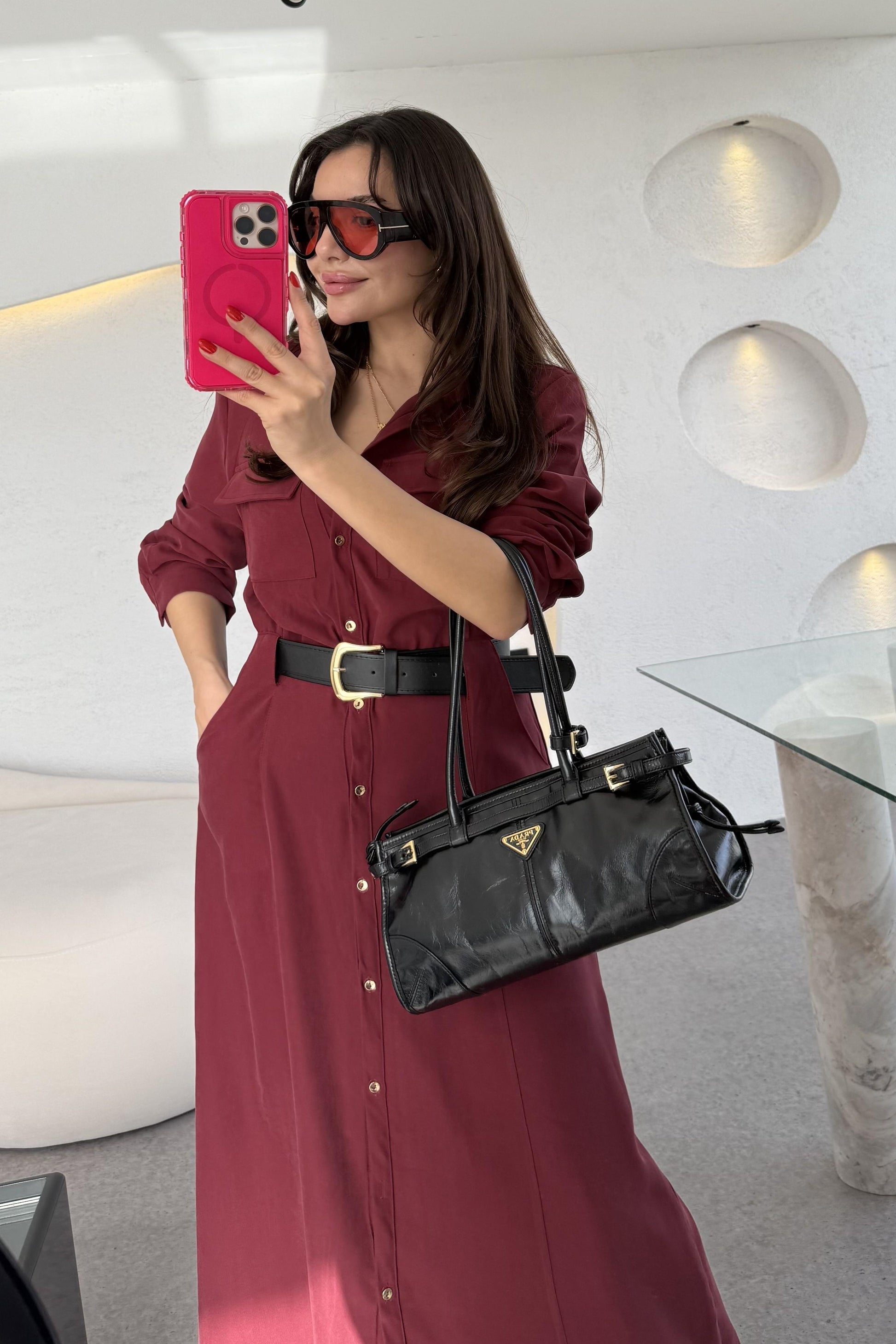 Lemmer Bordo Tensel Kemerli Elbise