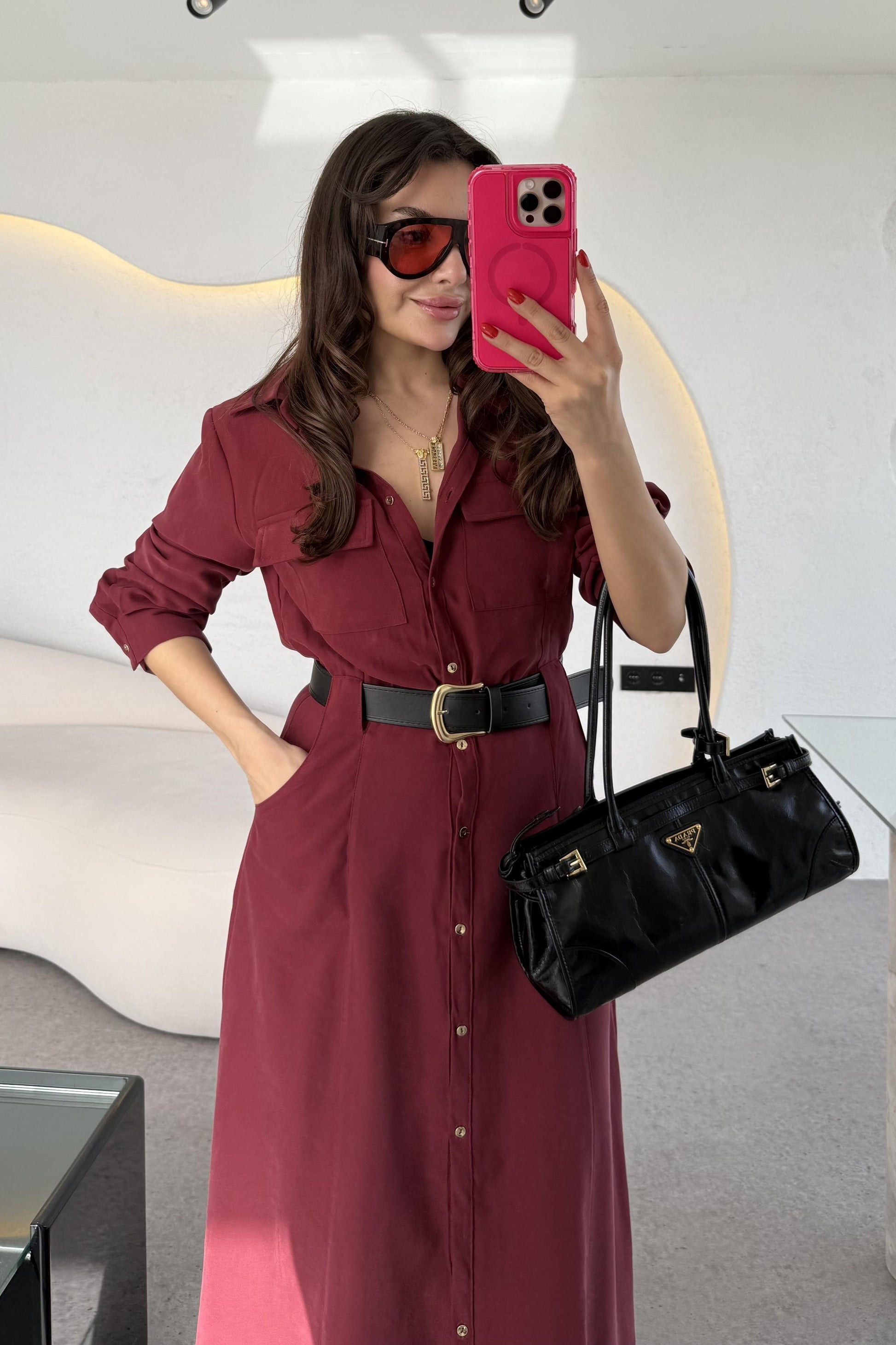 Lemmer Bordo Tensel Kemerli Elbise