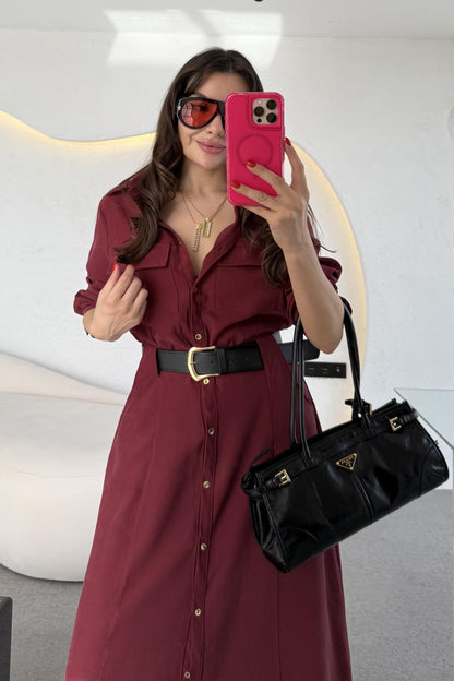 Lemmer Bordo Tensel Kemerli Elbise