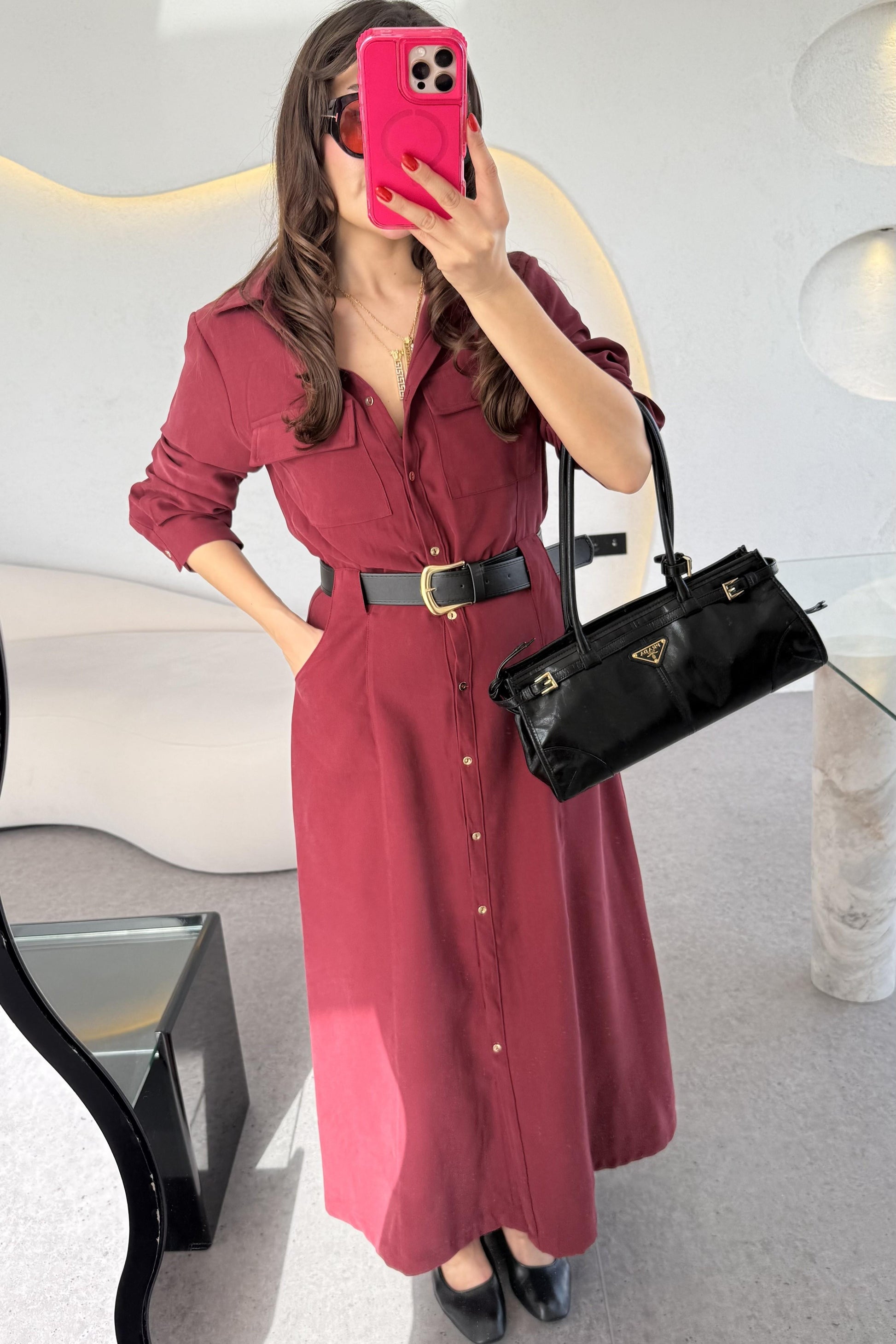 Lemmer Bordo Tensel Kemerli Elbise