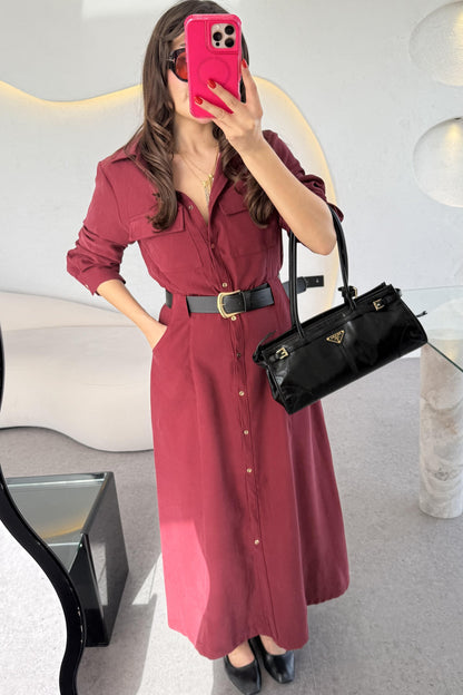 Lemmer Bordo Tensel Kemerli Elbise