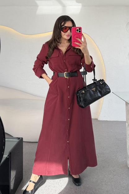 Lemmer Bordo Tensel Kemerli Elbise